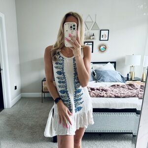 Francesca’s White and Blue Floral Embroidered Ruffle Mini Dress